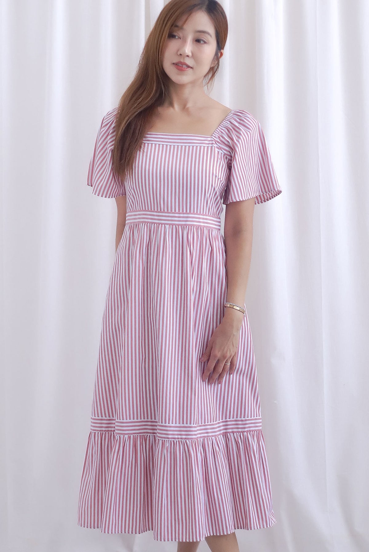 Felicia Flutter Sleeves Stripes Midi Dress In Rose Pink