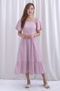 Felicia Flutter Sleeves Stripes Midi Dress In Rose Pink