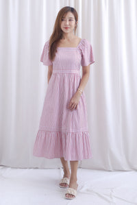 Felicia Flutter Sleeves Stripes Midi Dress In Rose Pink