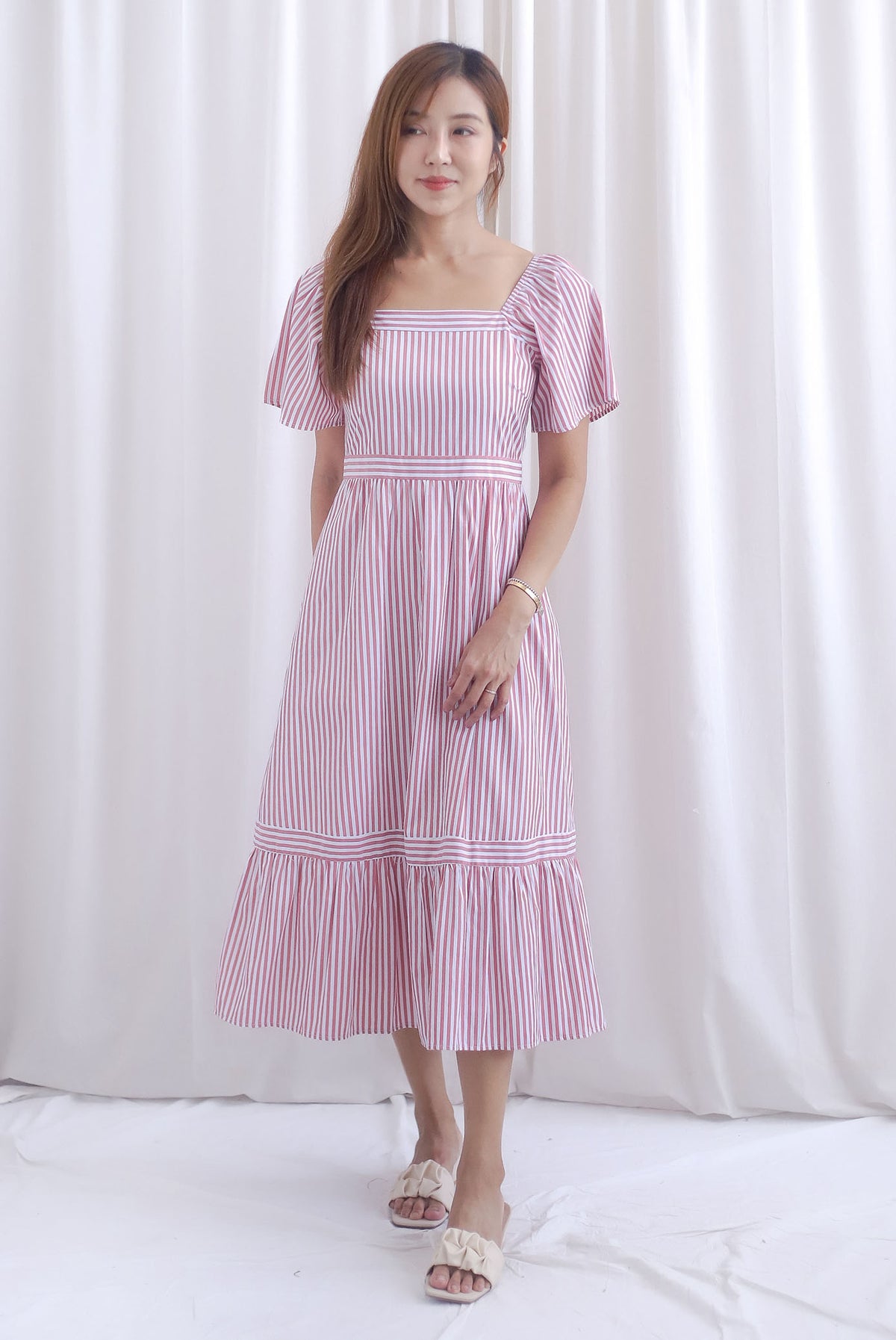 Felicia Flutter Sleeves Stripes Midi Dress In Rose Pink