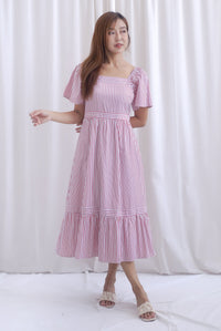Felicia Flutter Sleeves Stripes Midi Dress In Rose Pink