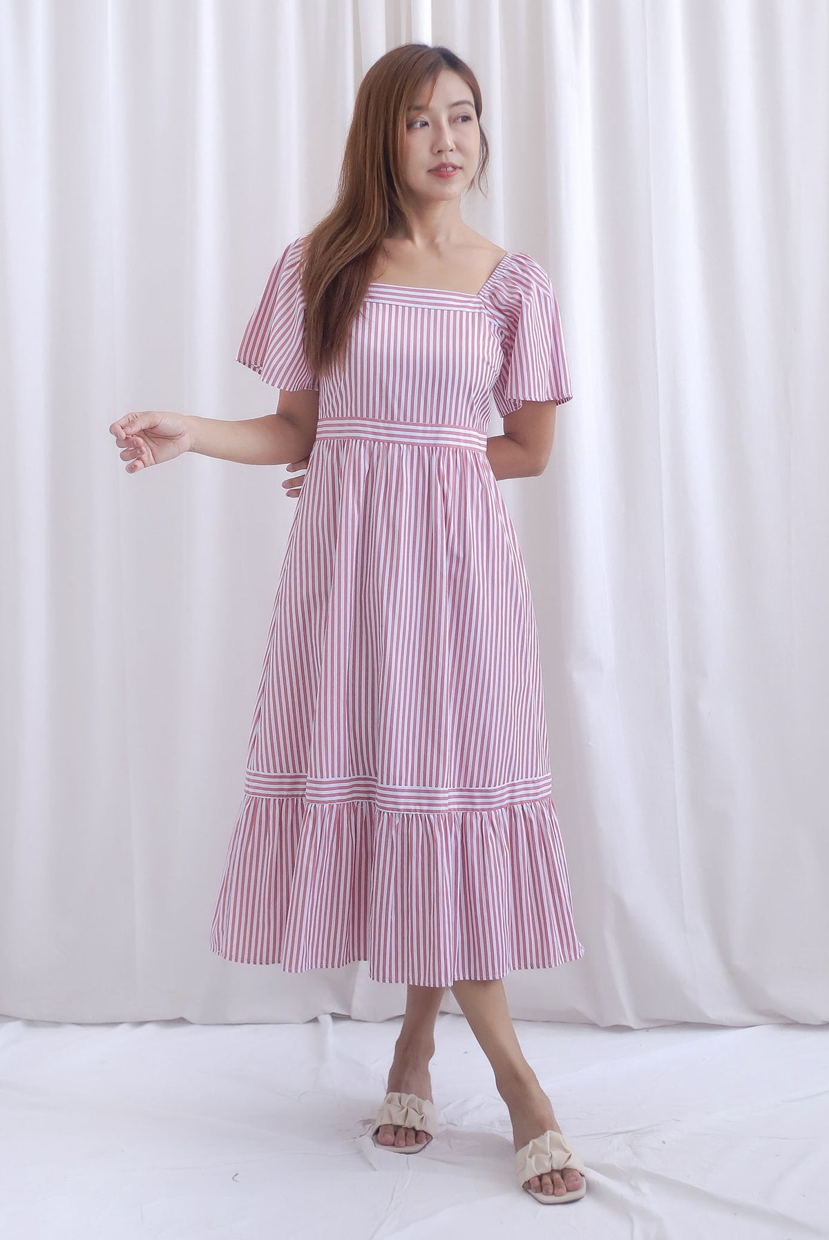Felicia Flutter Sleeves Stripes Midi Dress In Rose Pink