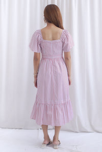Felicia Flutter Sleeves Stripes Midi Dress In Rose Pink
