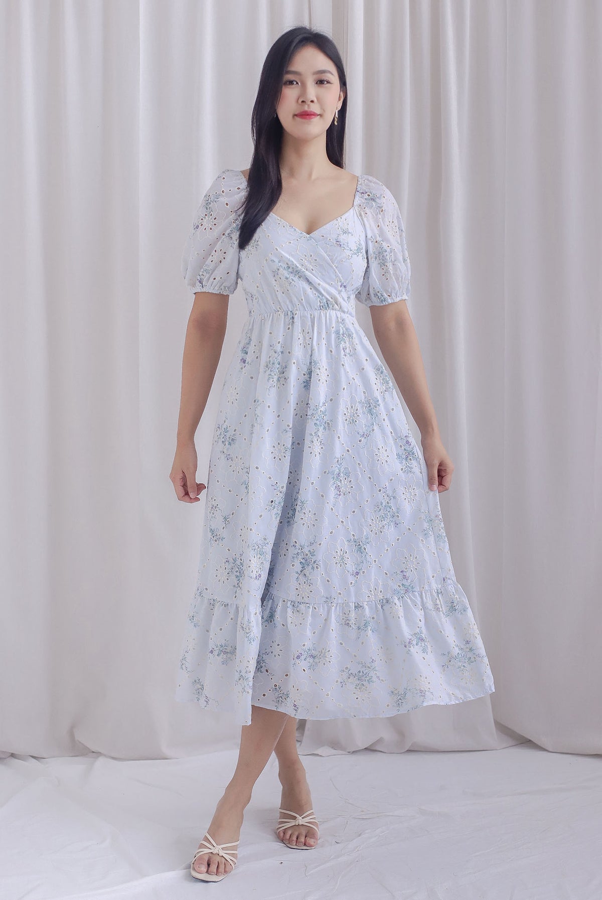 Felicity Floral Eyelet Puffy Sleeve Overlap Dress In Powder Blue