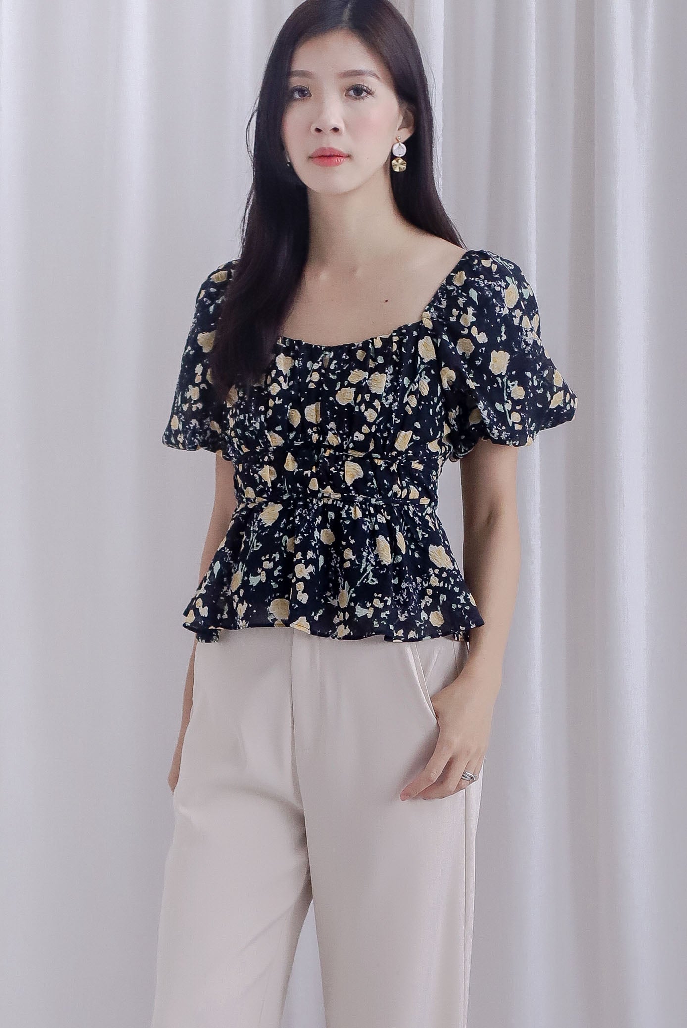 Felipe Floral Puffy Sleeves Ruched Peplum Top In Black – The