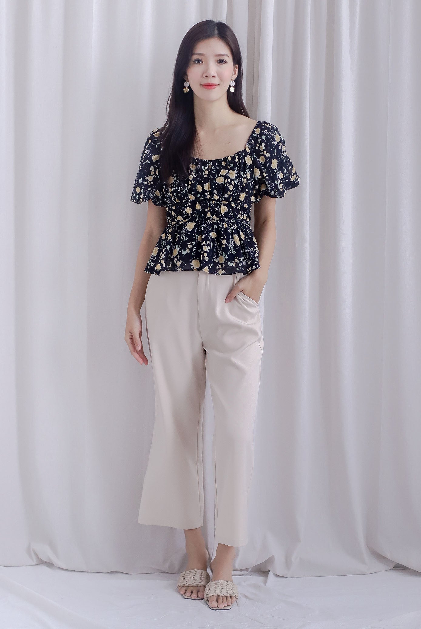 Felipe Floral Puffy Sleeves Ruched Peplum Top In Black – The