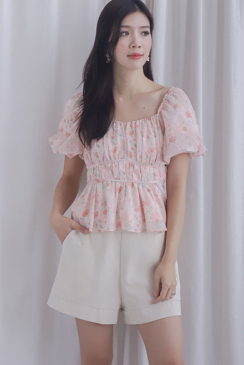 Felipe Floral Puffy Sleeves Ruched Peplum Top In Pink