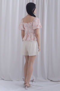 Felipe Floral Puffy Sleeves Ruched Peplum Top In Pink