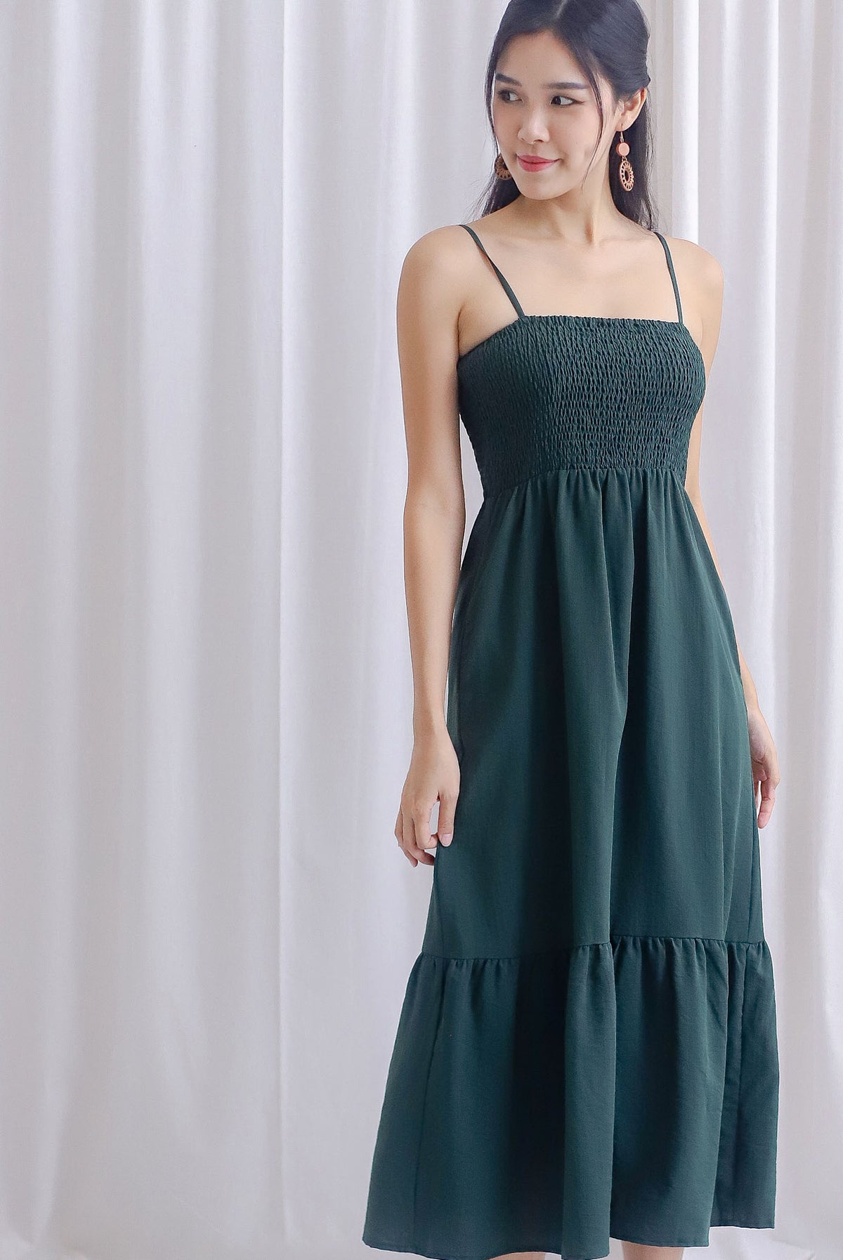 Fenti Spaghetti Smocked Maxi Dress In Forest Green