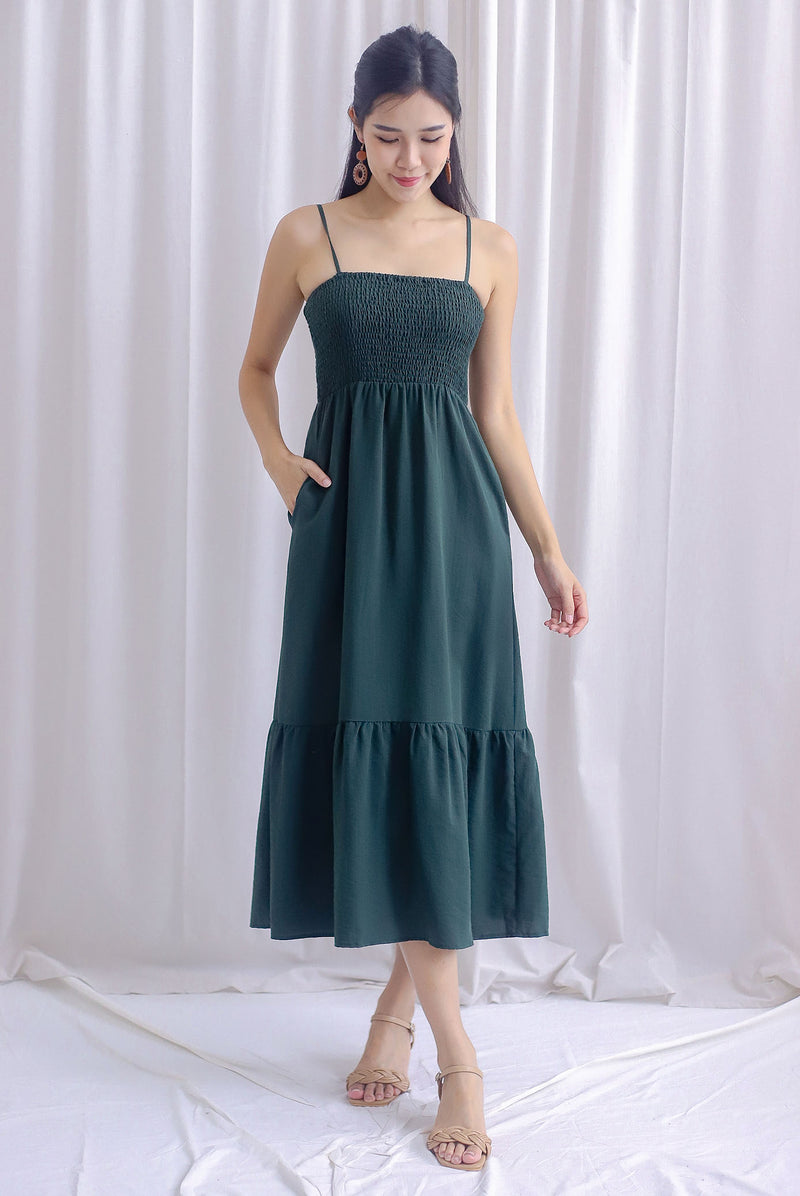 Fenti Spaghetti Smocked Maxi Dress In Forest Green