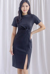 Ferlyn Twist Waist Sleeved Dress In Dark Grey