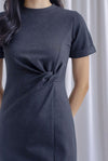 Ferlyn Twist Waist Sleeved Dress In Dark Grey