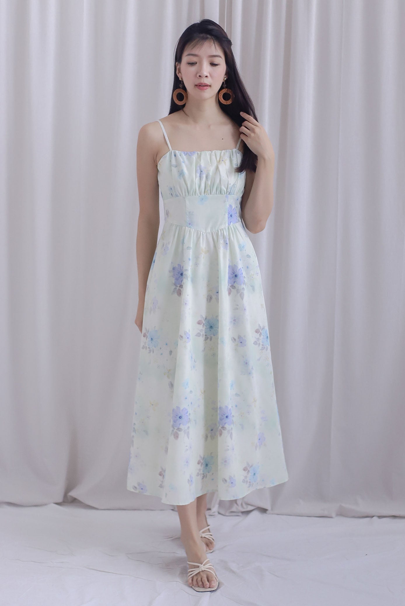 Finnley Floral Empire Waist Spaghetti Dress In Green Blue