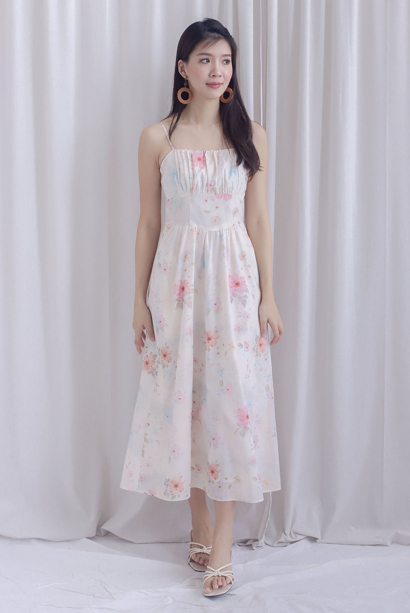 Finnley Floral Empire Waist Spaghetti Dress In Cream Pink