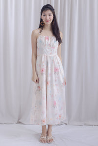 Finnley Floral Empire Waist Spaghetti Dress In Cream Pink