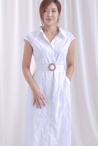 Florence Embro Belted Buttons Down Dress In White