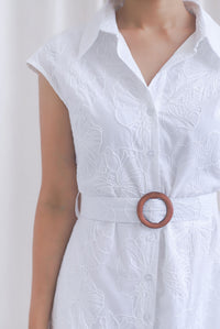 Florence Embro Belted Buttons Down Dress In White