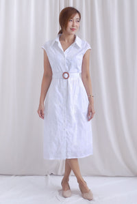 Florence Embro Belted Buttons Down Dress In White