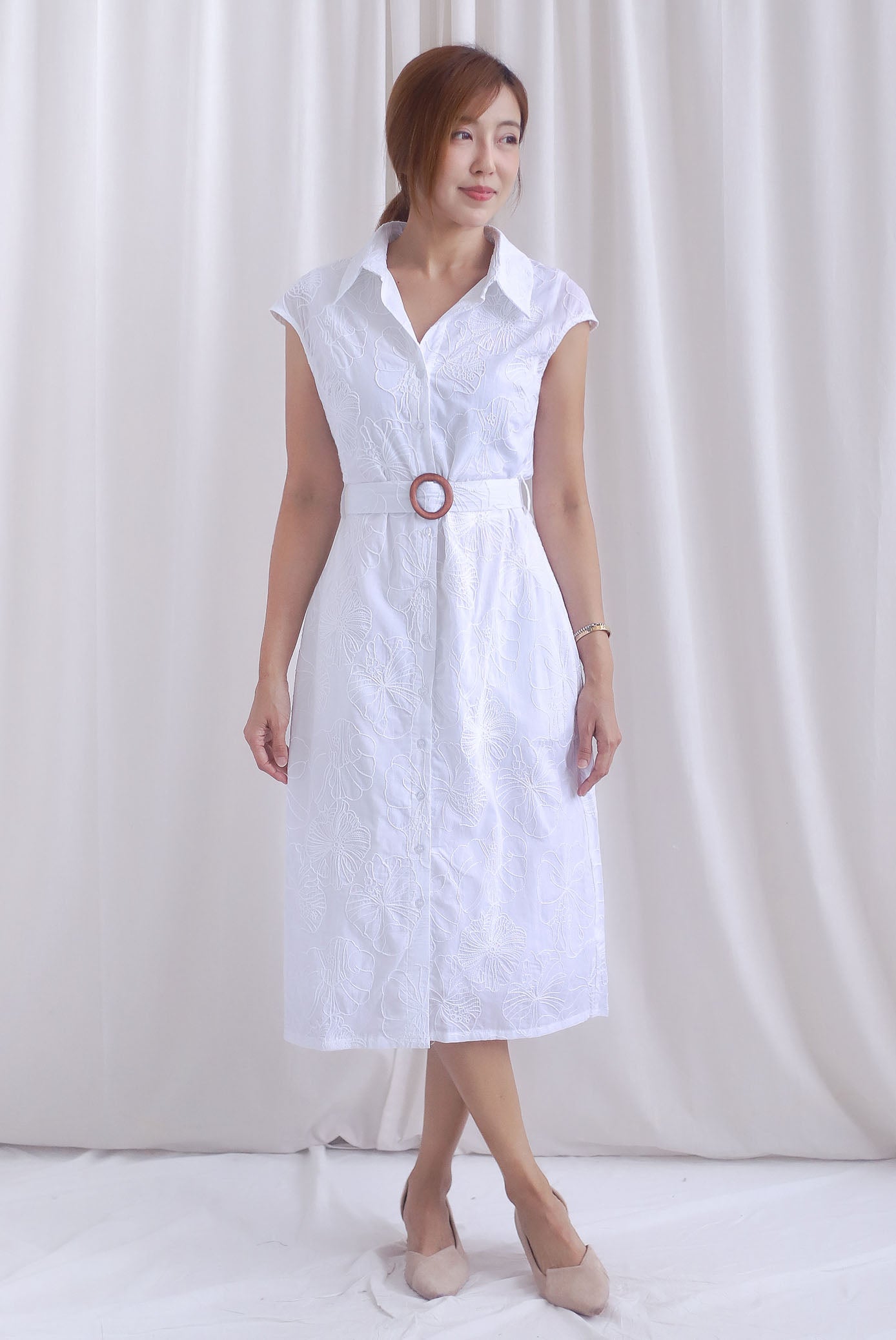 Florence Embro Belted Buttons Down Dress In White