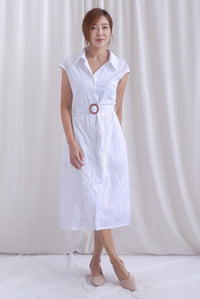 Florence Embro Belted Buttons Down Dress In White
