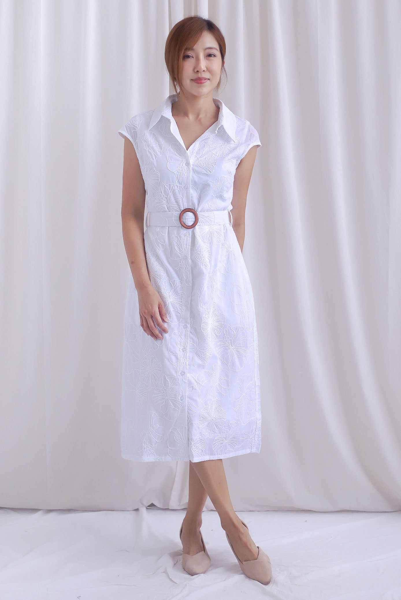 Florence Embro Belted Buttons Down Dress In White