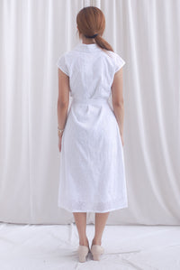 Florence Embro Belted Buttons Down Dress In White
