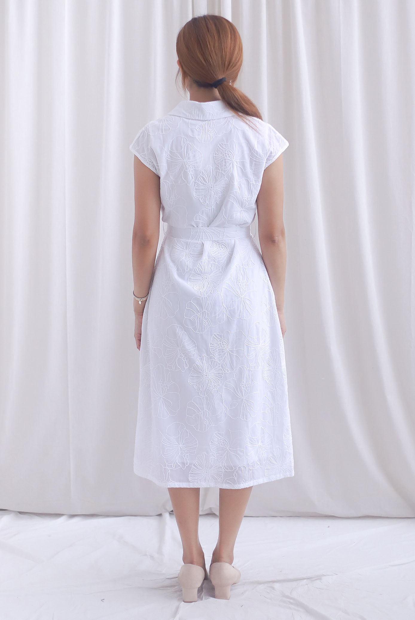 Florence Embro Belted Buttons Down Dress In White