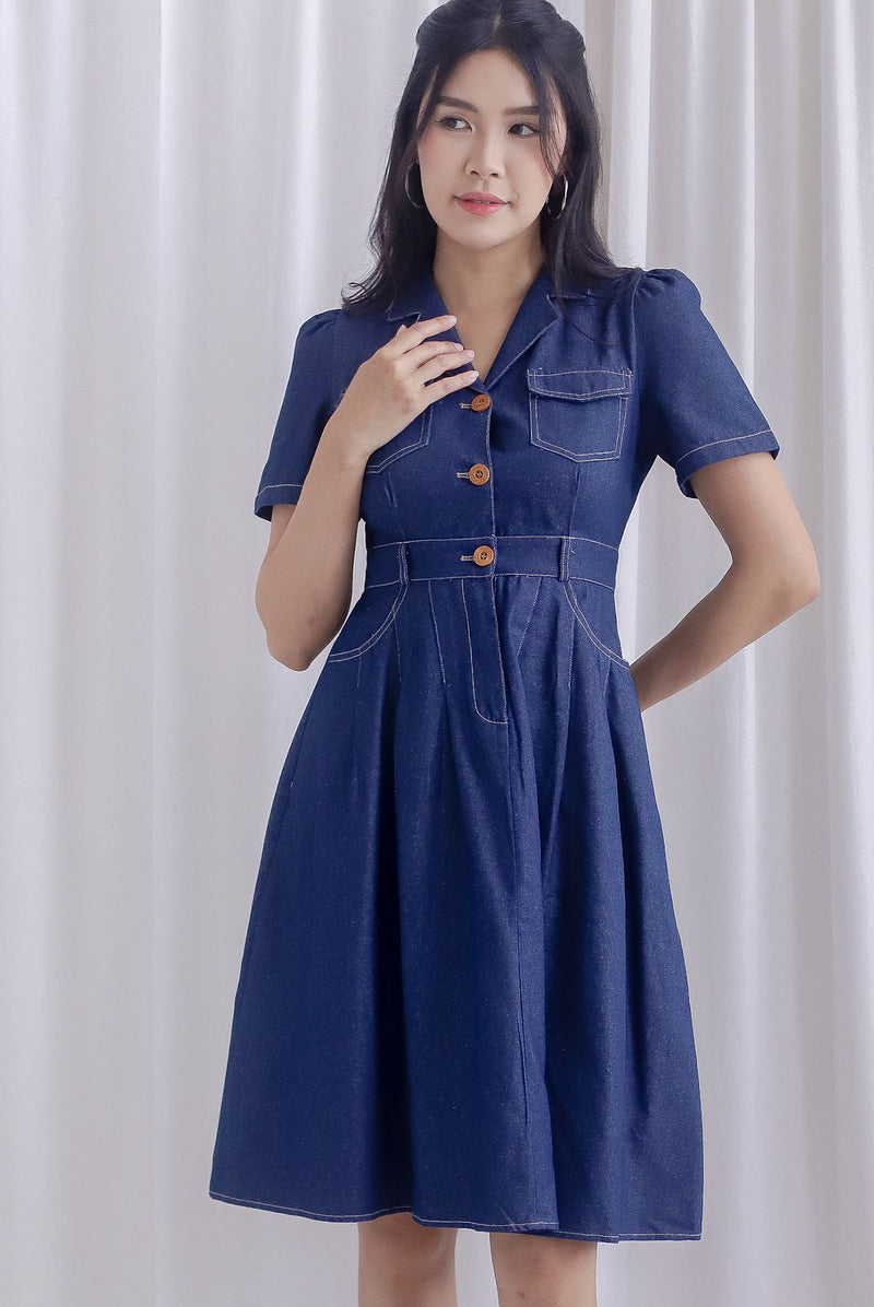 Ford Sleeved Denim Buttons Dress In Dark Denim