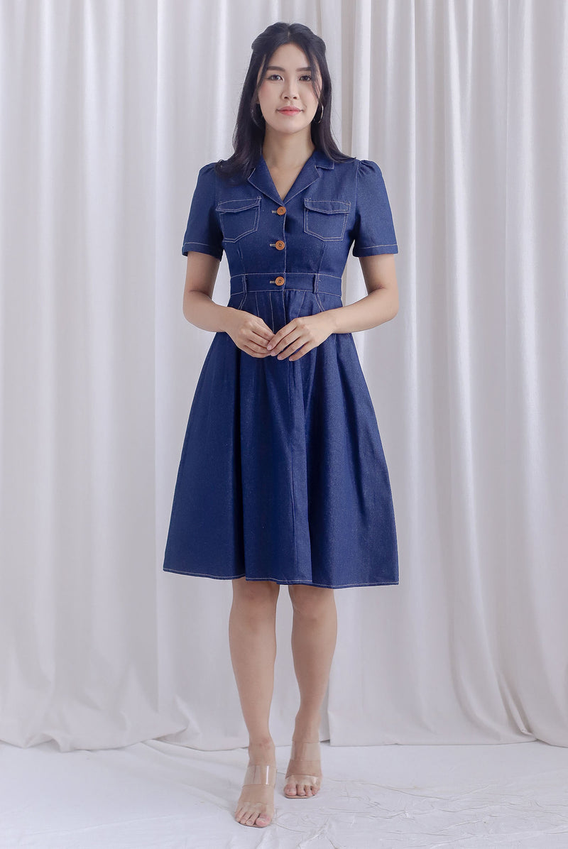 Ford Sleeved Denim Buttons Dress In Dark Denim