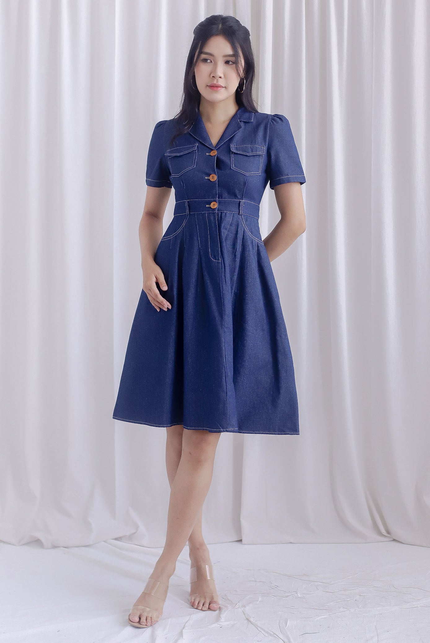 Ford Sleeved Denim Buttons Dress In Dark Denim