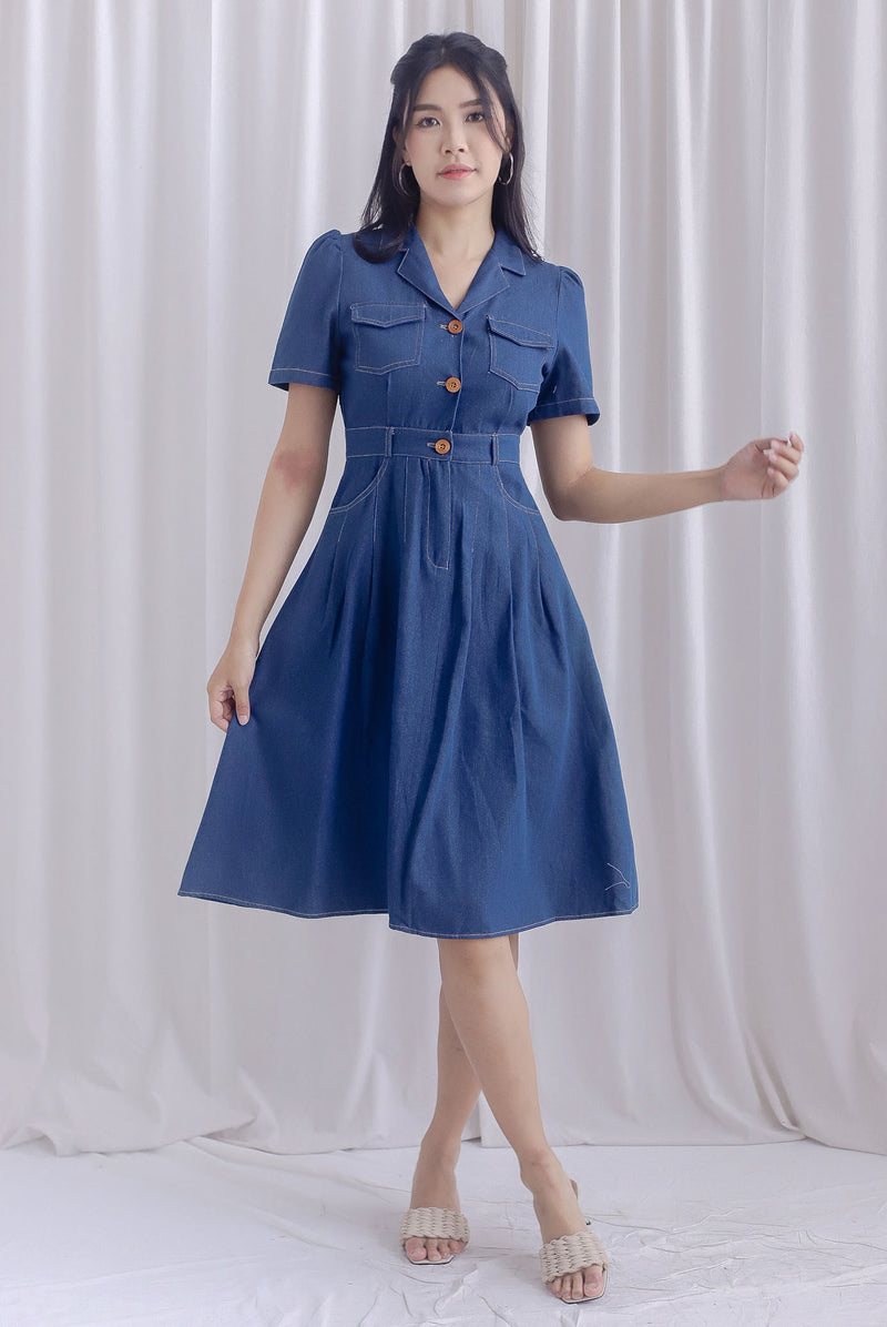 Ford Sleeved Denim Buttons Dress In Mid Denim