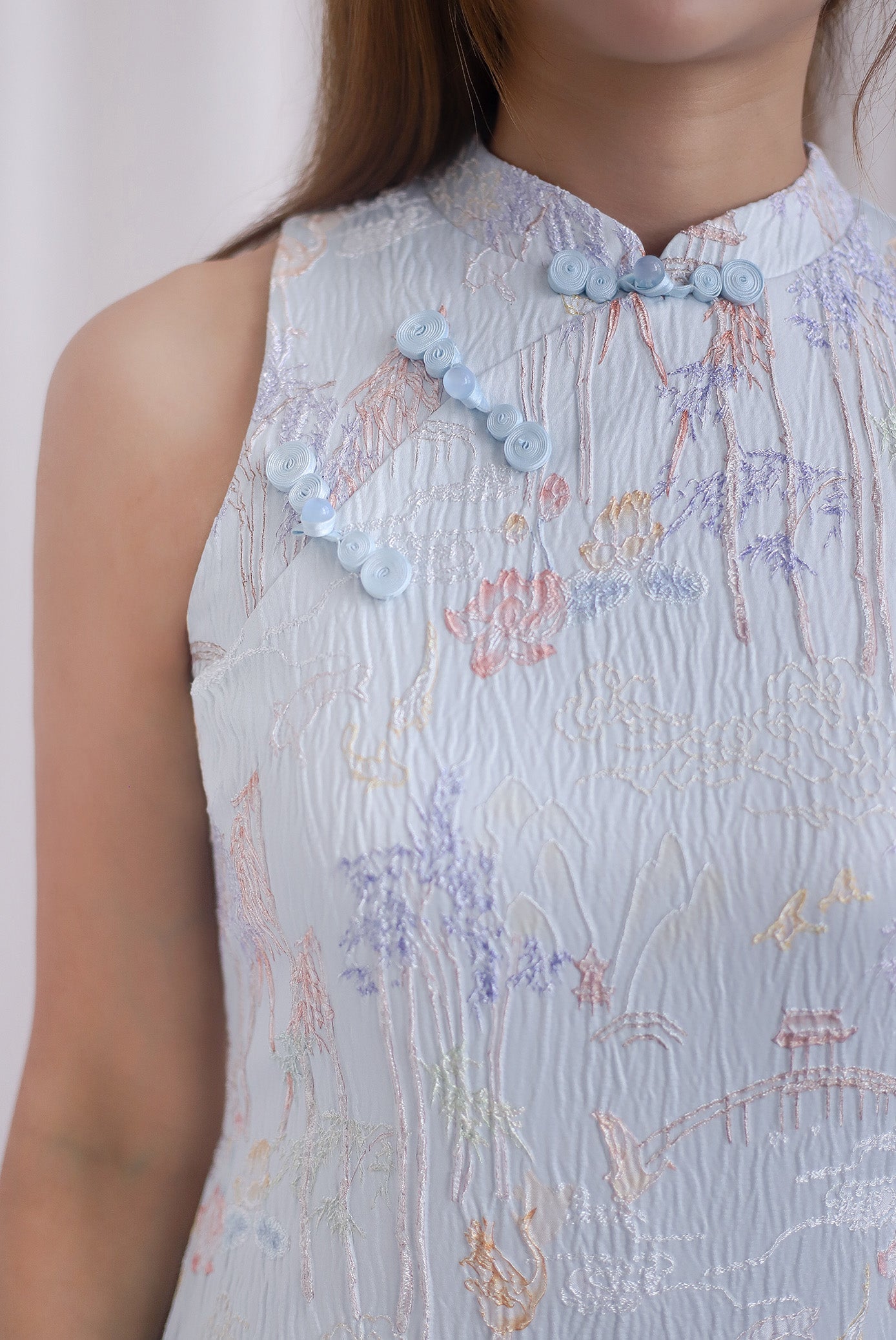 Forture Emboss Embro Cheong Sam Dress In Blue