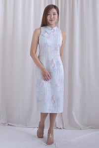 Forture Emboss Embro Cheong Sam Dress In Blue