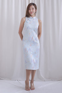 Forture Emboss Embro Cheong Sam Dress In Blue