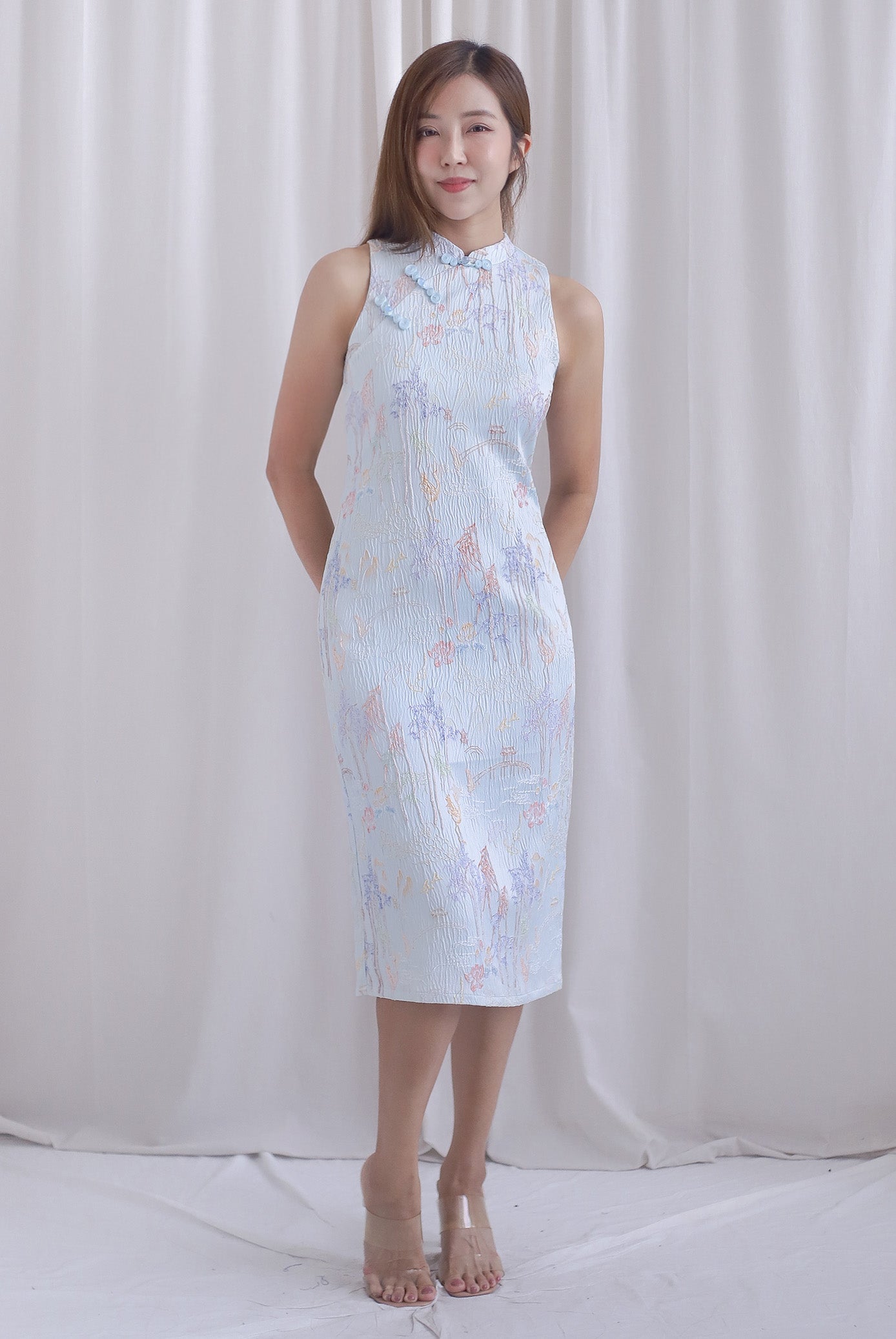 Forture Emboss Embro Cheong Sam Dress In Blue