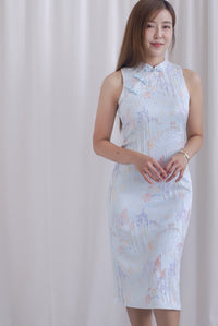Forture Emboss Embro Cheong Sam Dress In Blue