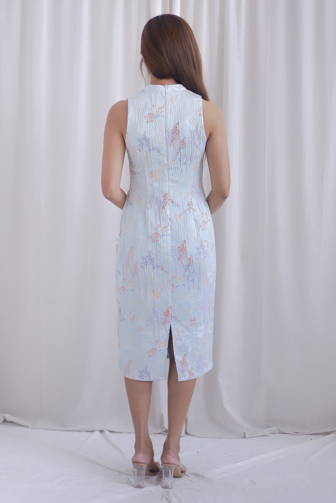 Forture Emboss Embro Cheong Sam Dress In Blue