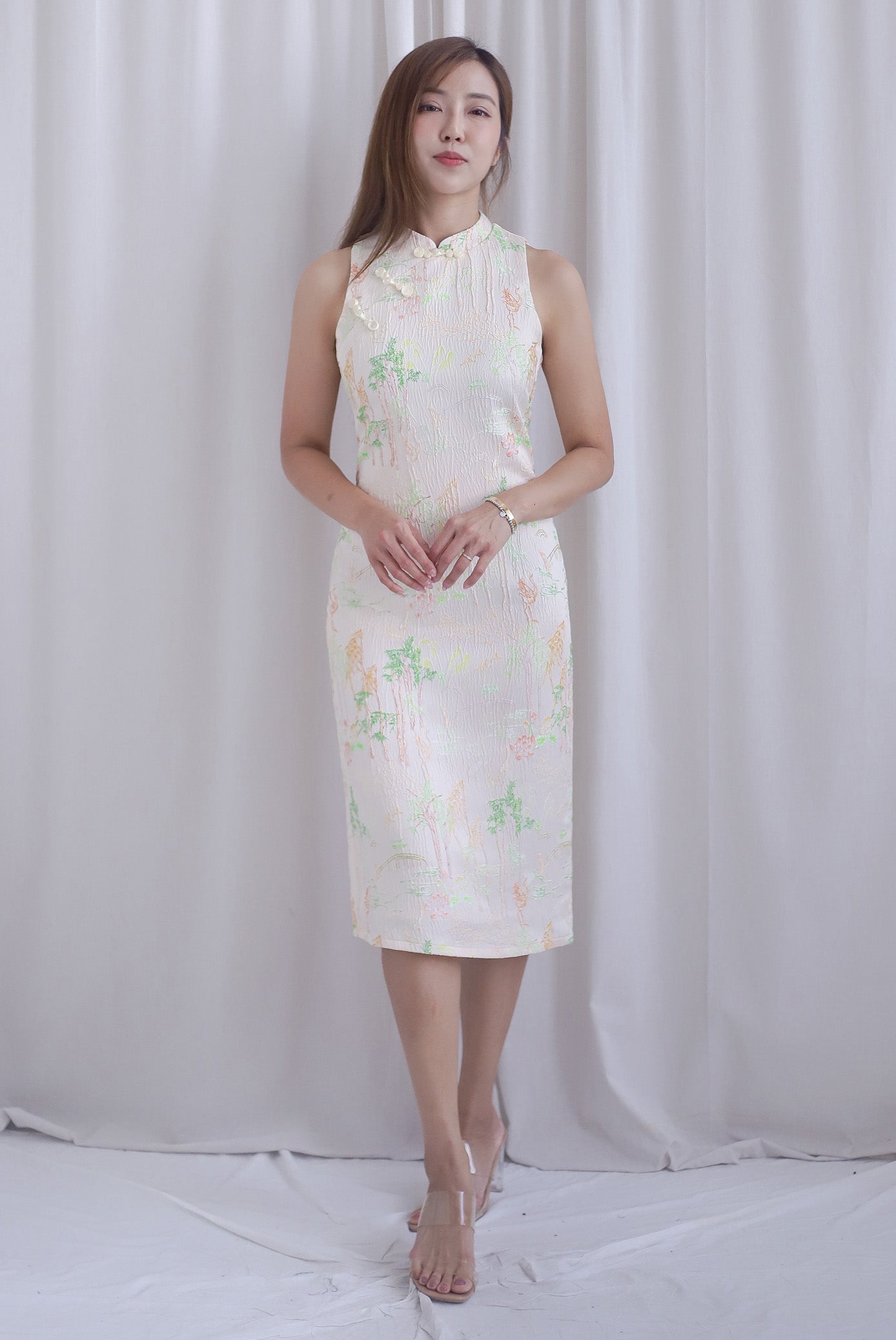 Forture Emboss Embro Cheong Sam Dress In Yellow