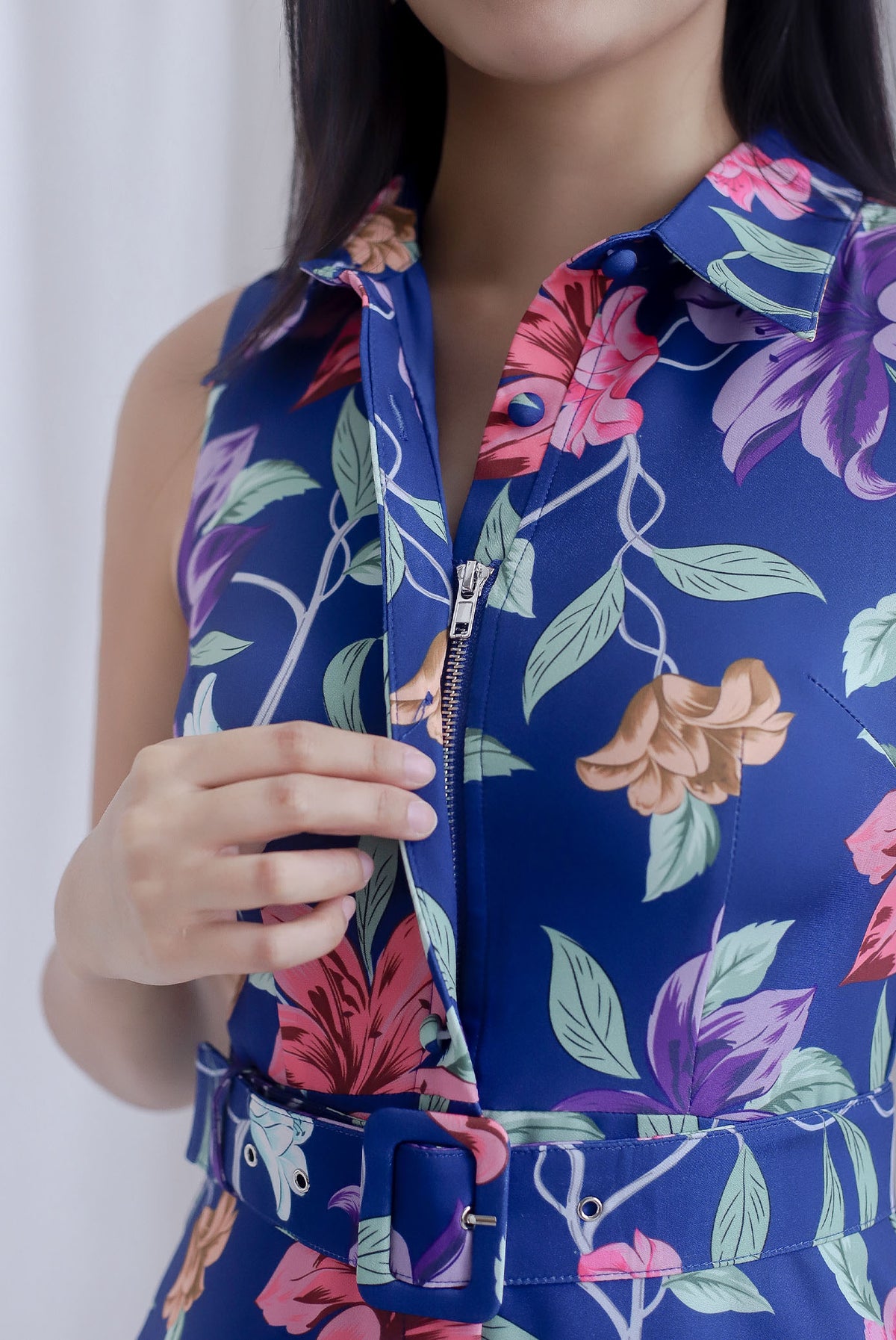 Frances Hidden Front Zip Shirt Dress In Navy Blue