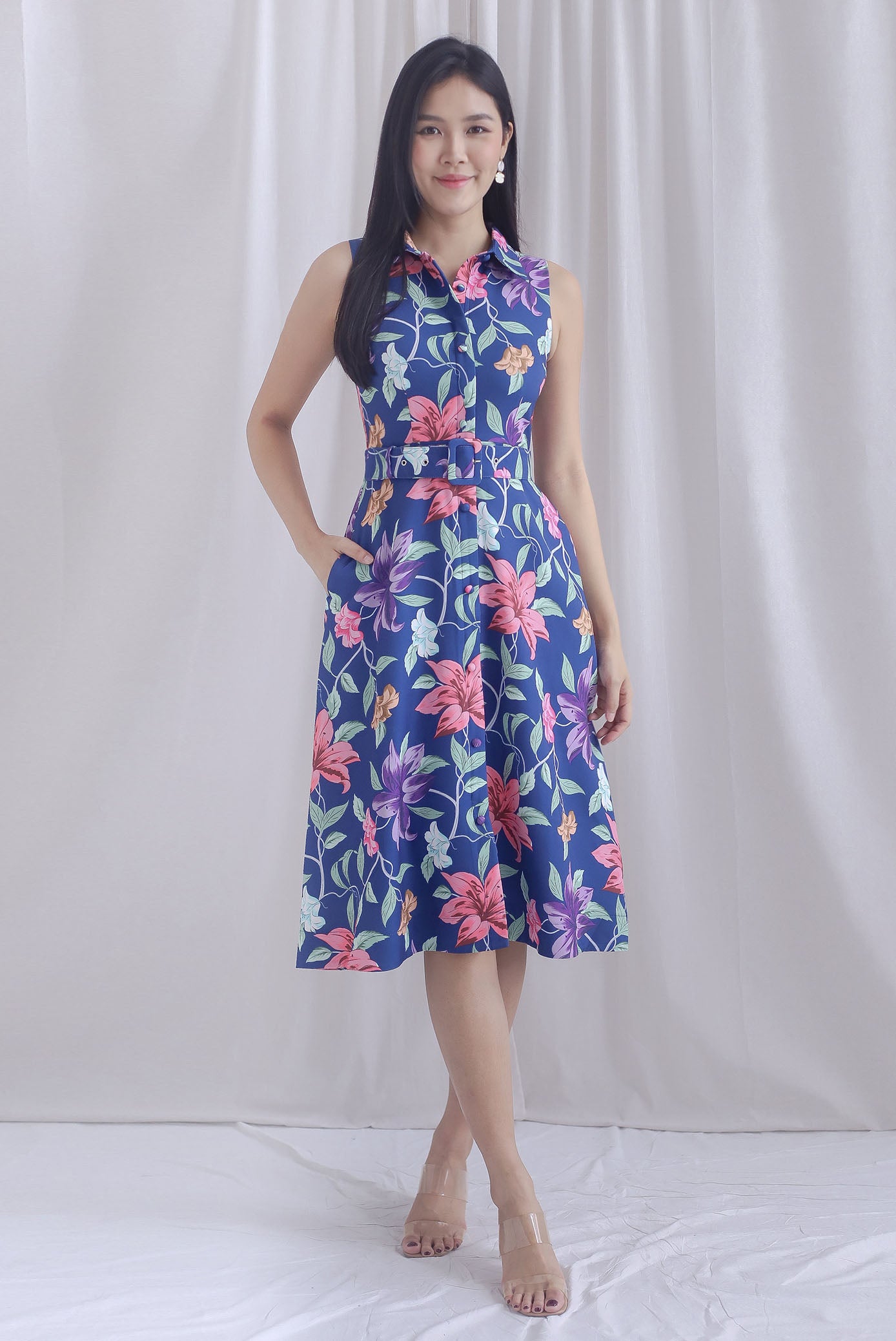 Frances Hidden Front Zip Shirt Dress In Navy Blue