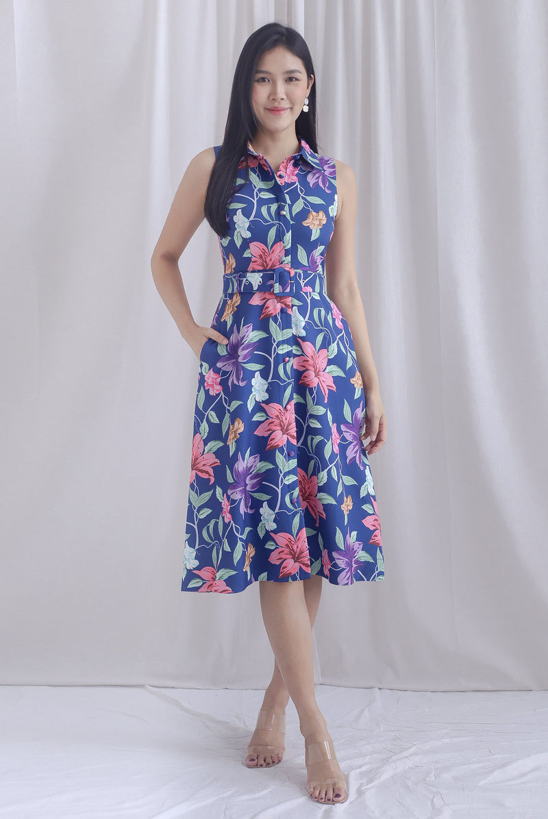 Frances Hidden Front Zip Shirt Dress In Navy Blue