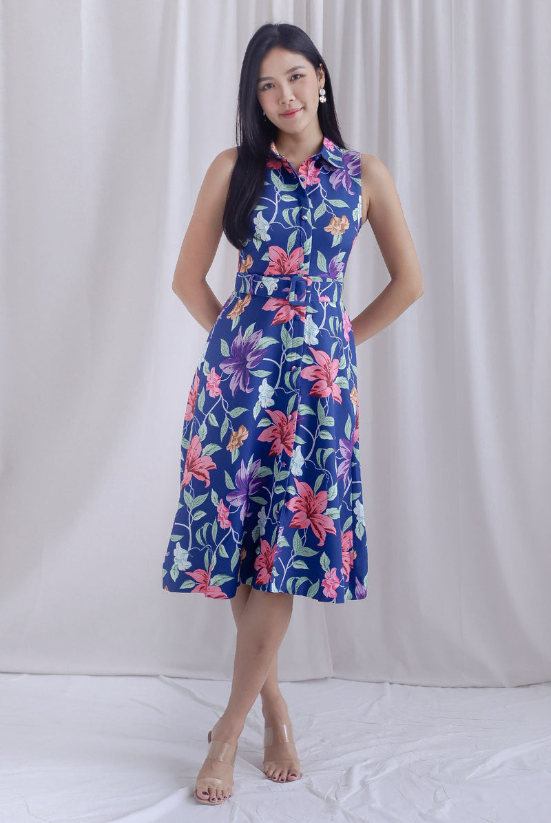 Frances Hidden Front Zip Shirt Dress In Navy Blue