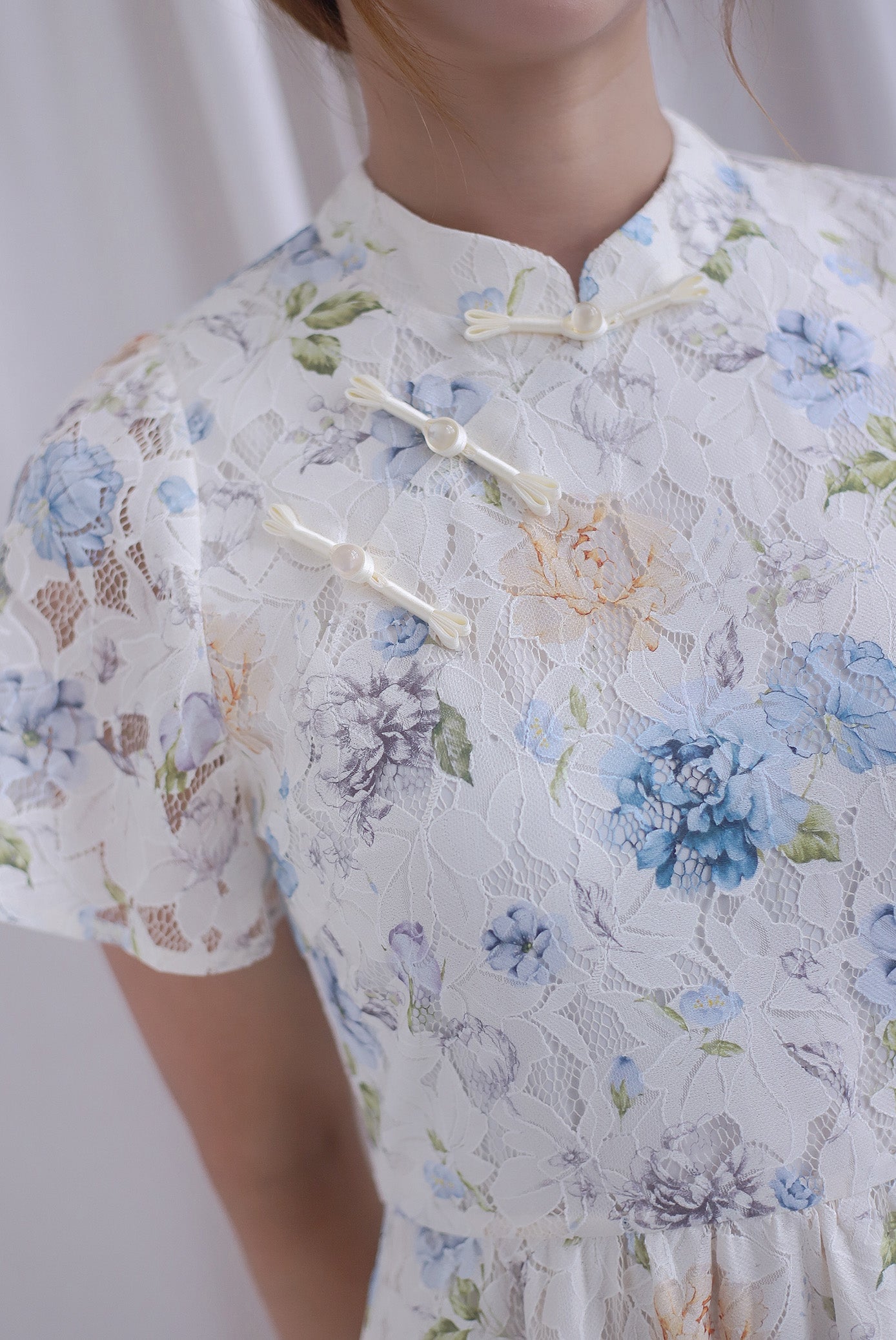 Francesca Oriental Lace Flare Cheong Sam Dress In Blue