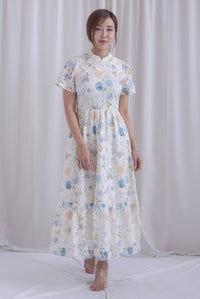 Francesca Oriental Lace Flare Cheong Sam Dress In Blue