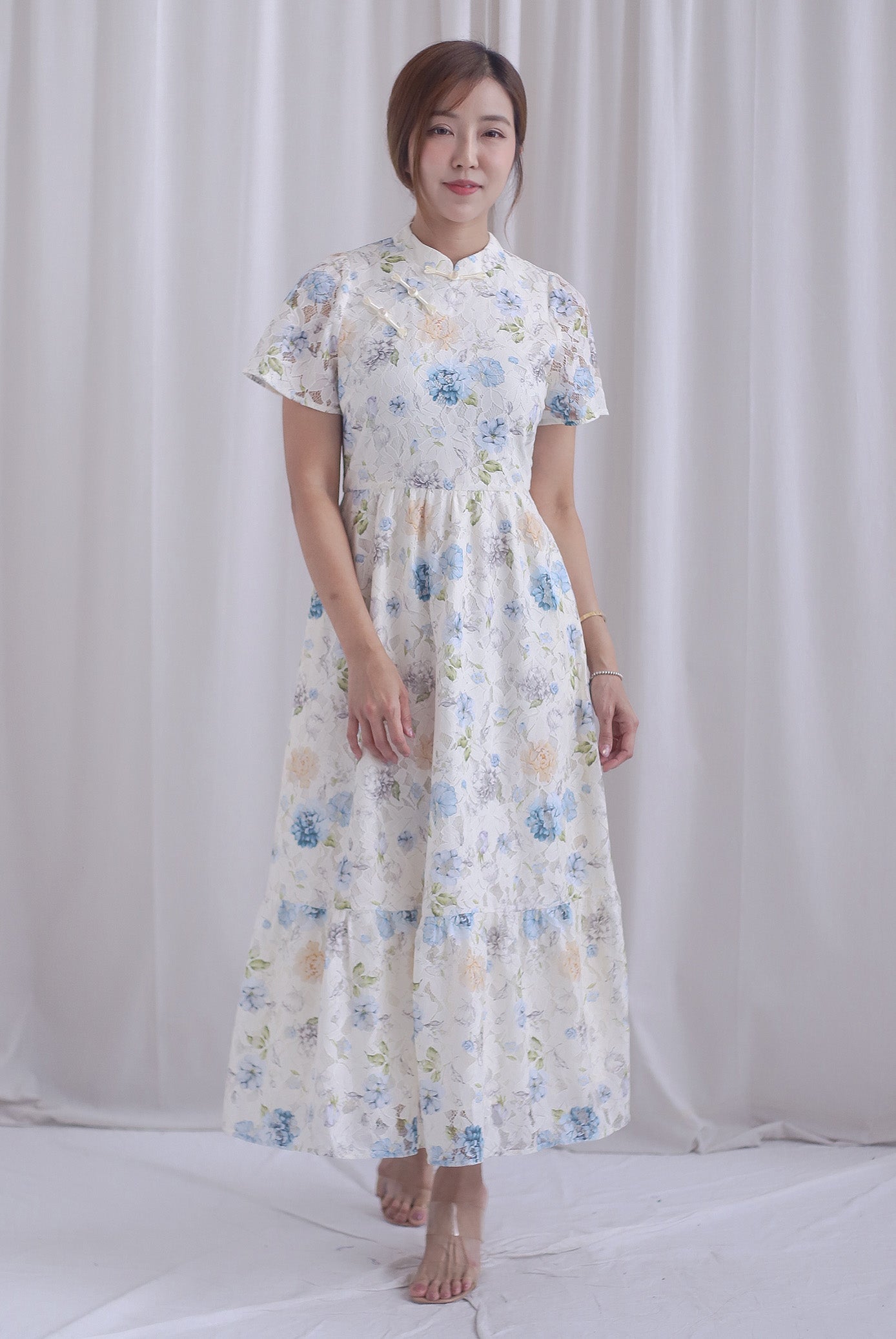 Francesca Oriental Lace Flare Cheong Sam Dress In Blue