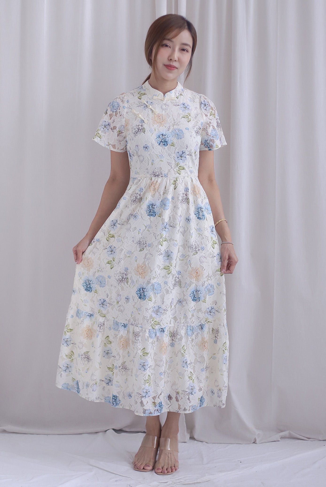Francesca Oriental Lace Flare Cheong Sam Dress In Blue