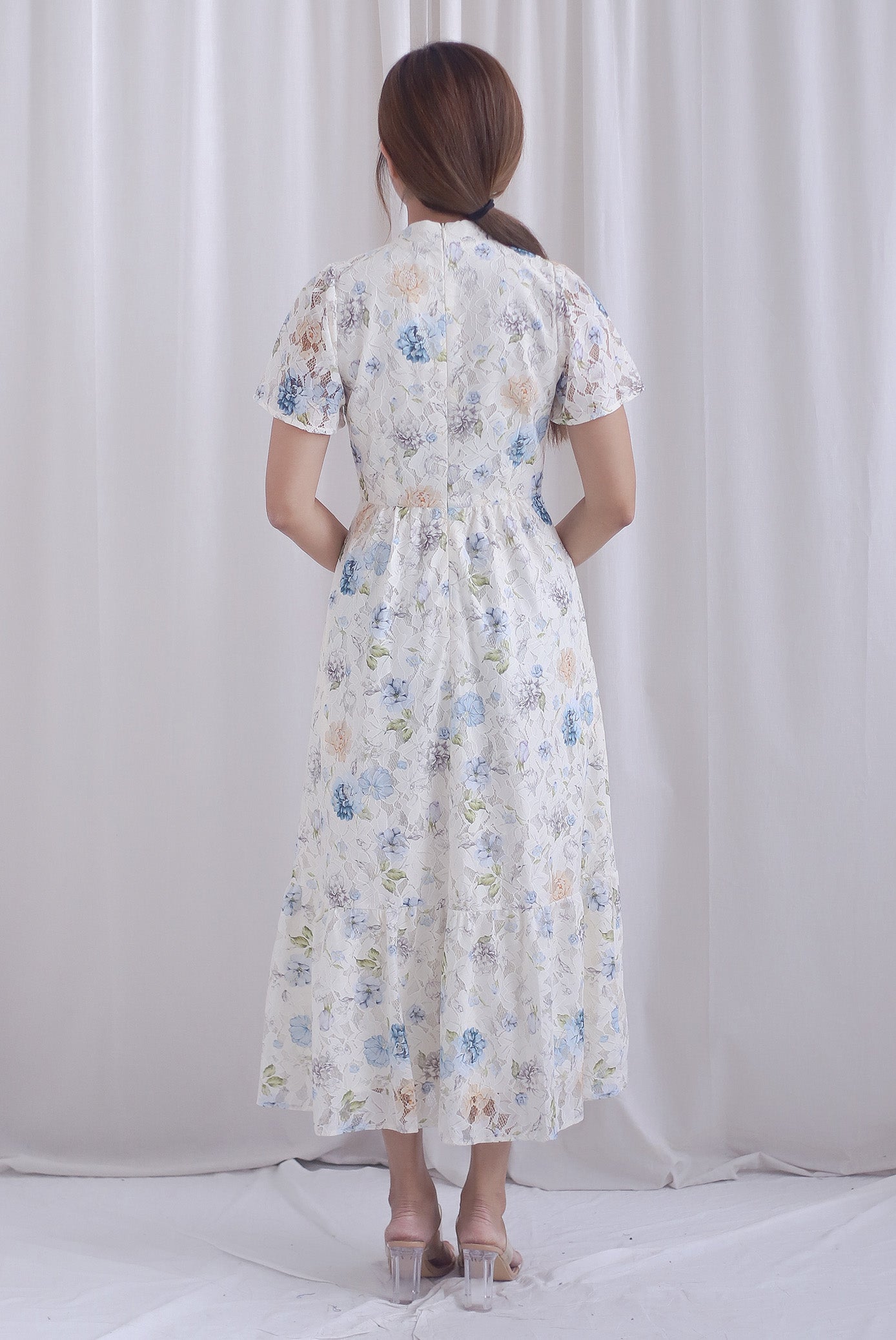 Francesca Oriental Lace Flare Cheong Sam Dress In Blue