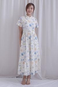 Francesca Oriental Lace Flare Cheong Sam Dress In Blue