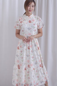 Francesca Oriental Lace Flare Cheong Sam Dress In Pink