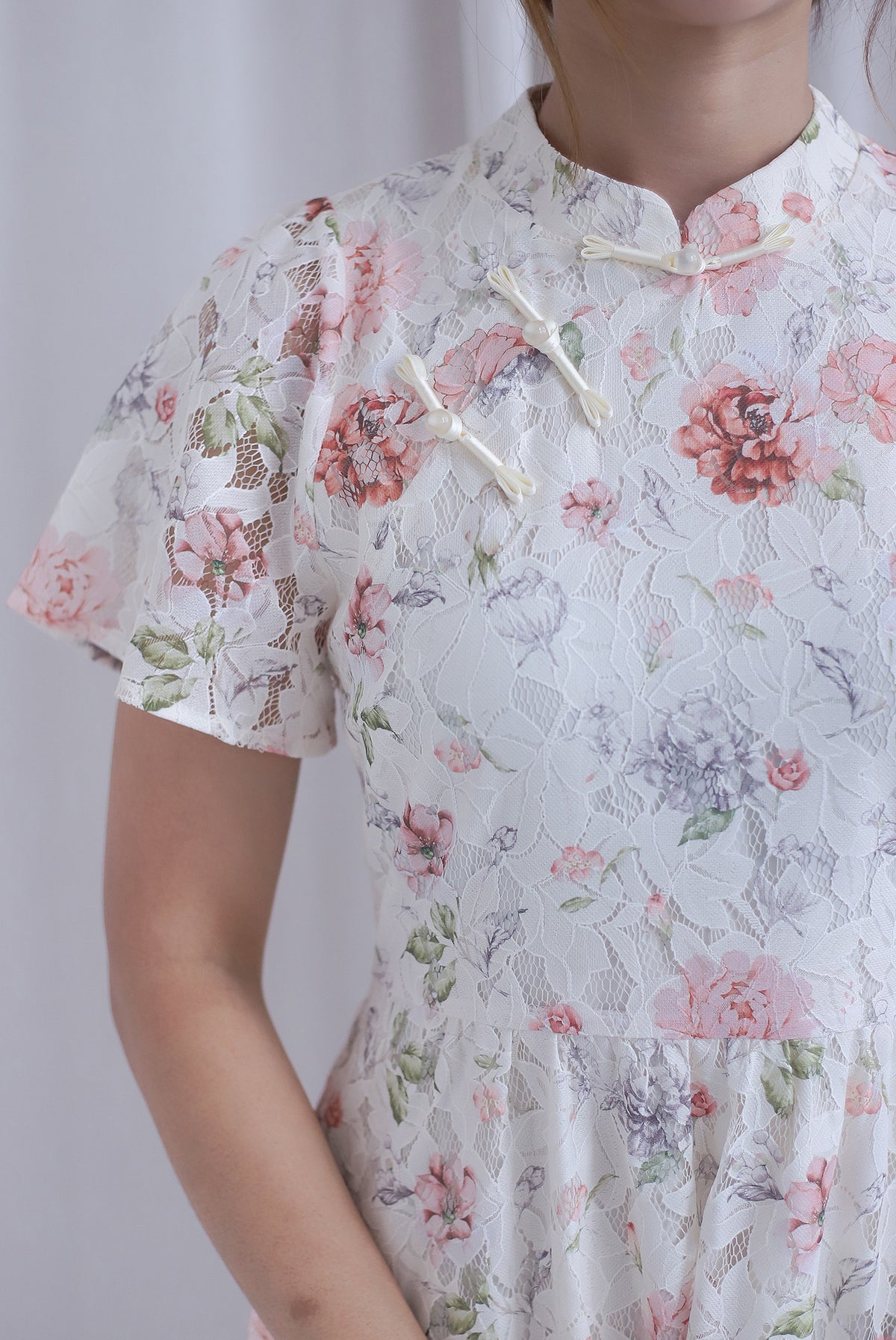 Francesca Oriental Lace Flare Cheong Sam Dress In Pink